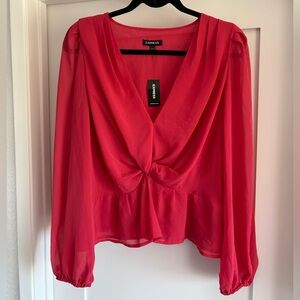 Express Women’s L Pink Sheer V-neck Dressy Blouse Workwear Ballon Sleeve Draped